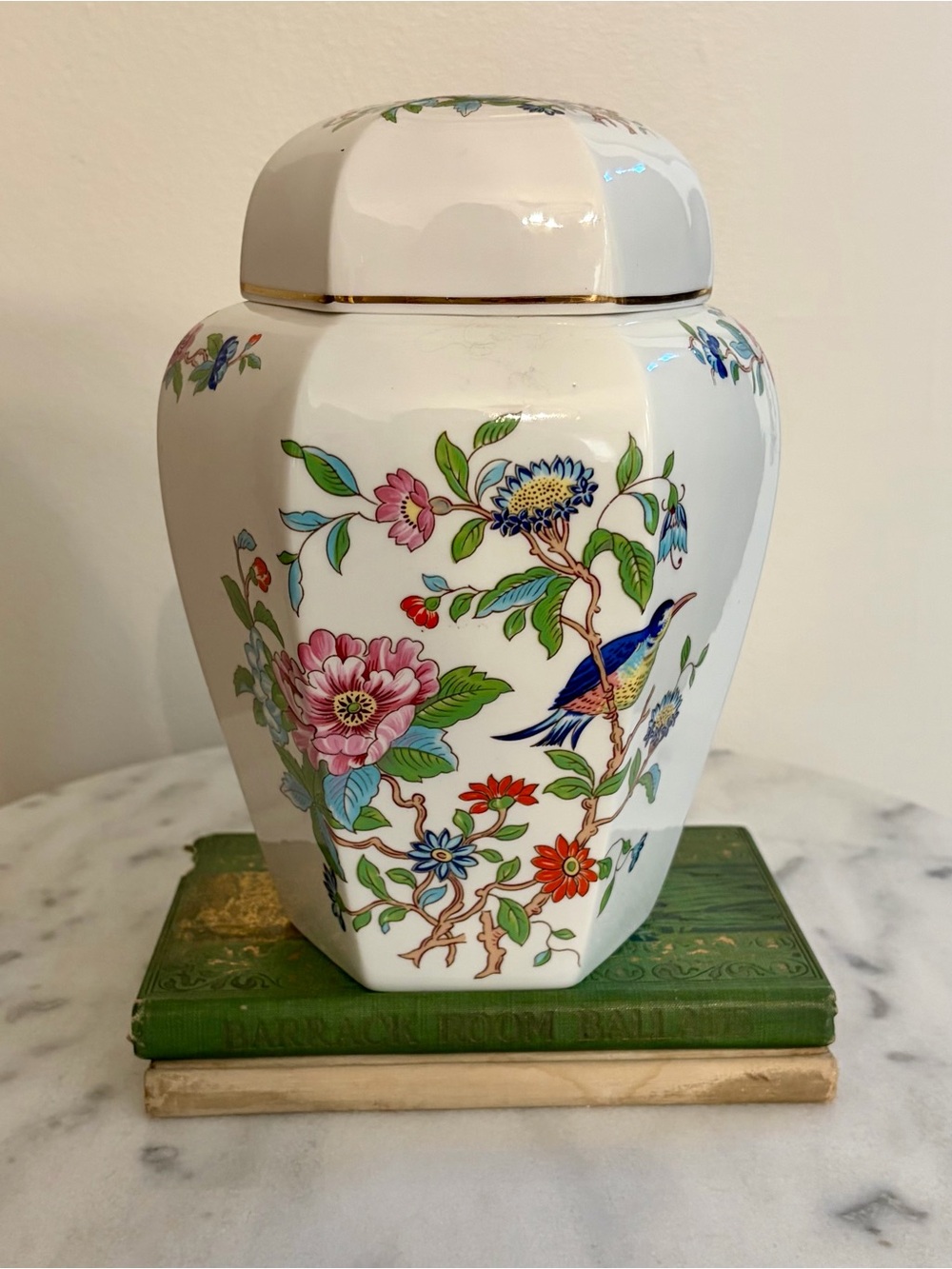 Porcelain Floral Ginger Jar with Blue Bird Motif - White